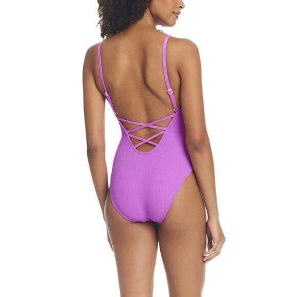 Sanctuary Swim High Leg Scoop One Piece Ribbed Swimsuit color Fuchsia size Small - Picture 2 of 11